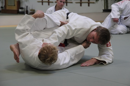 Two people grappling practicing martial arts Ann Arbor