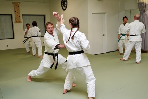 Karate School Ann Arbor students dueling on spring board floor 